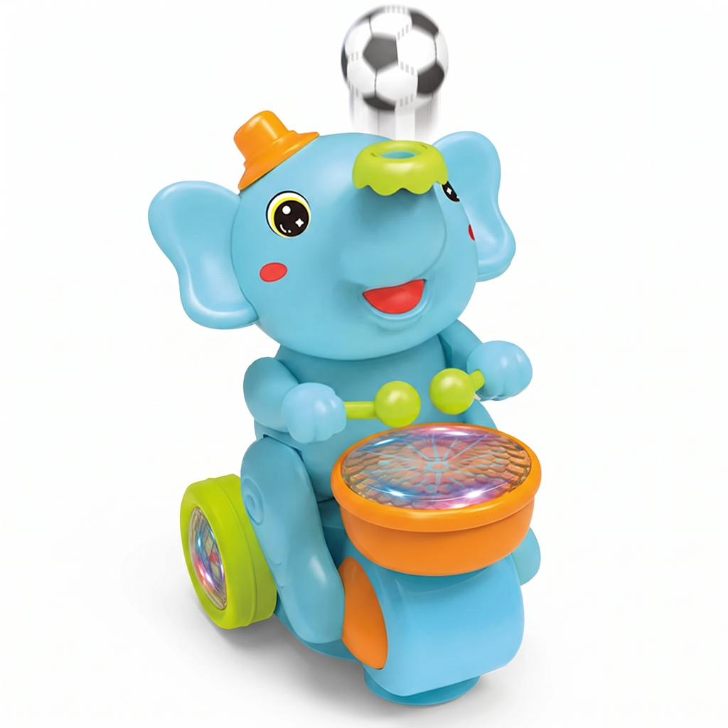 Elefante baterista musical azul con sombrero naranja, tambor con luces y pelota flotando