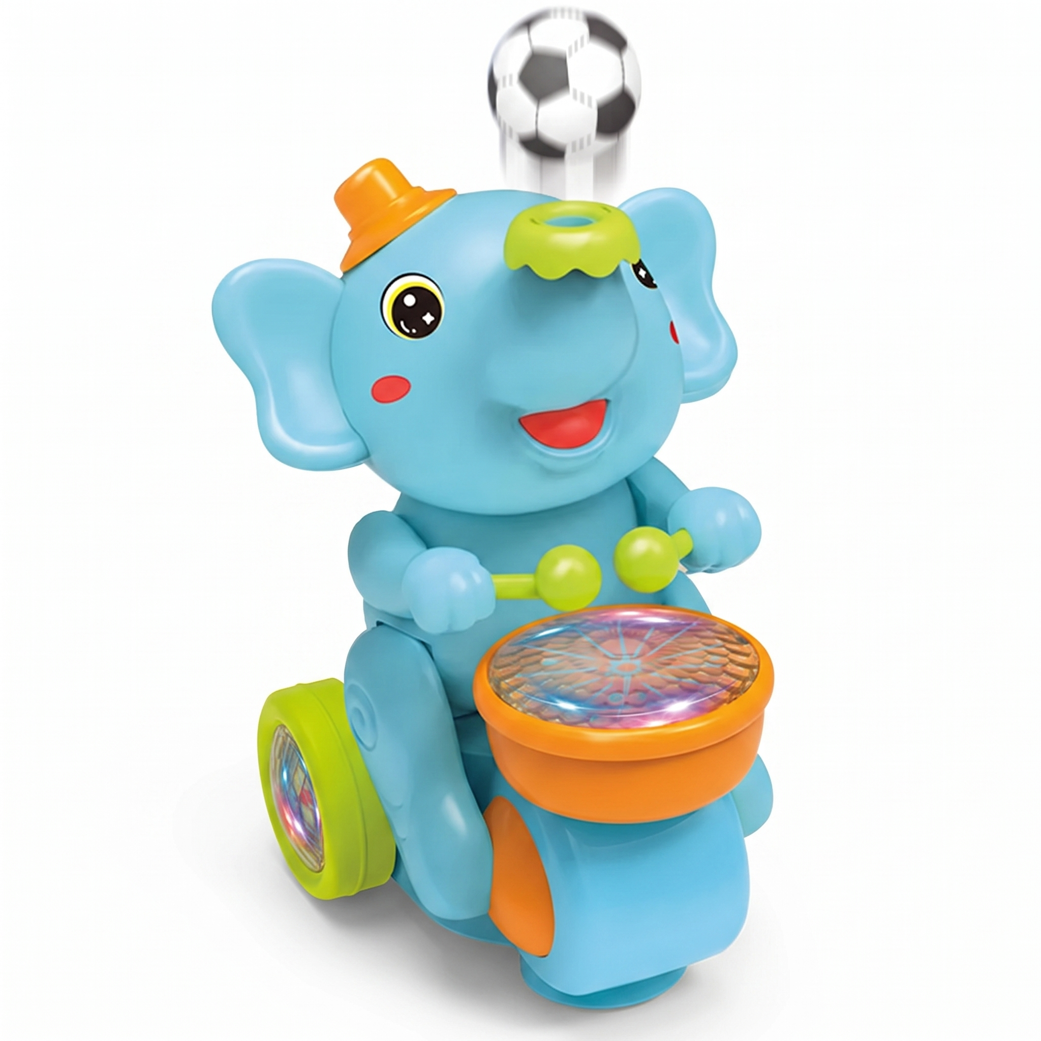 Elefante baterista musical azul con sombrero naranja, tambor con luces y pelota flotando