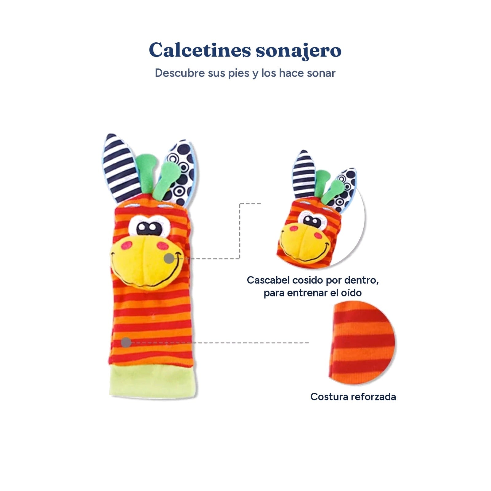Calcetín sonajero con el cascabel cosido por dentro y costura reforzada
