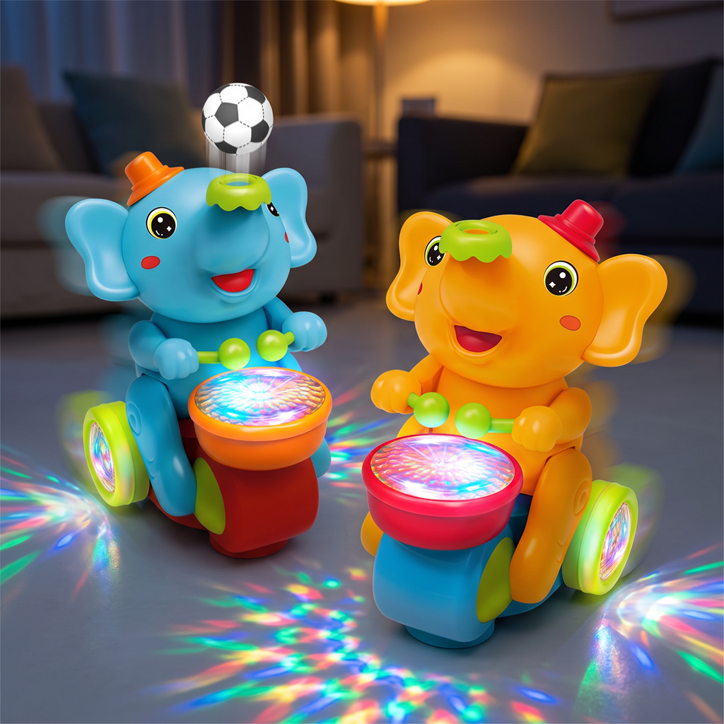Los dos elefantes bateristas con los tambores encendidos proyectando luces de colores en el piso