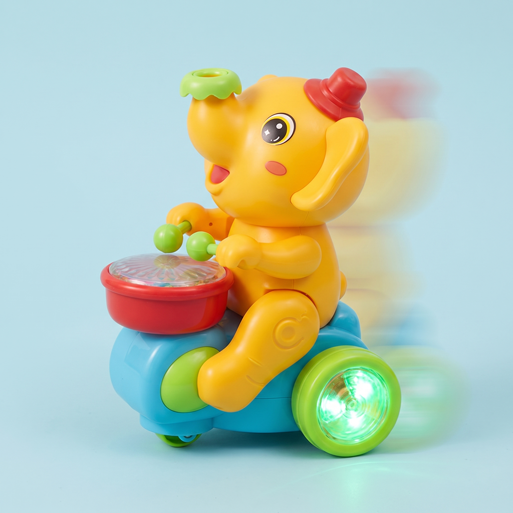 Elefante baterista amarillo de perfil avanzando con su rueda lateral encendida