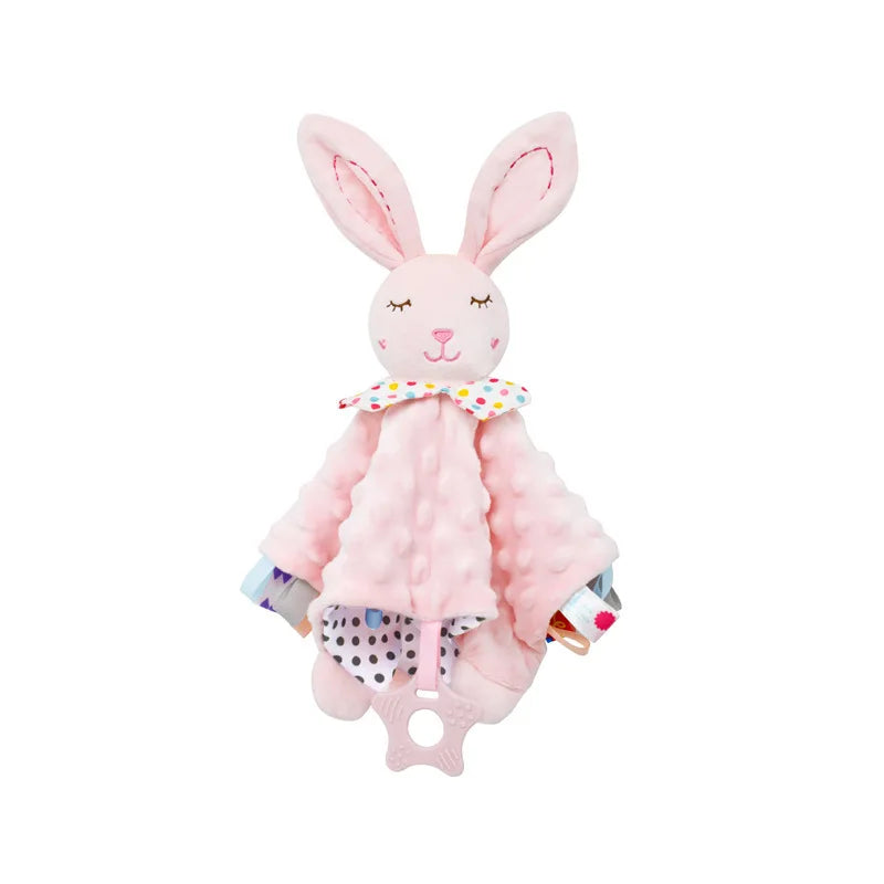 Mantita de apego de conejita rosa con mordedor de silicona y etiquetas de colores