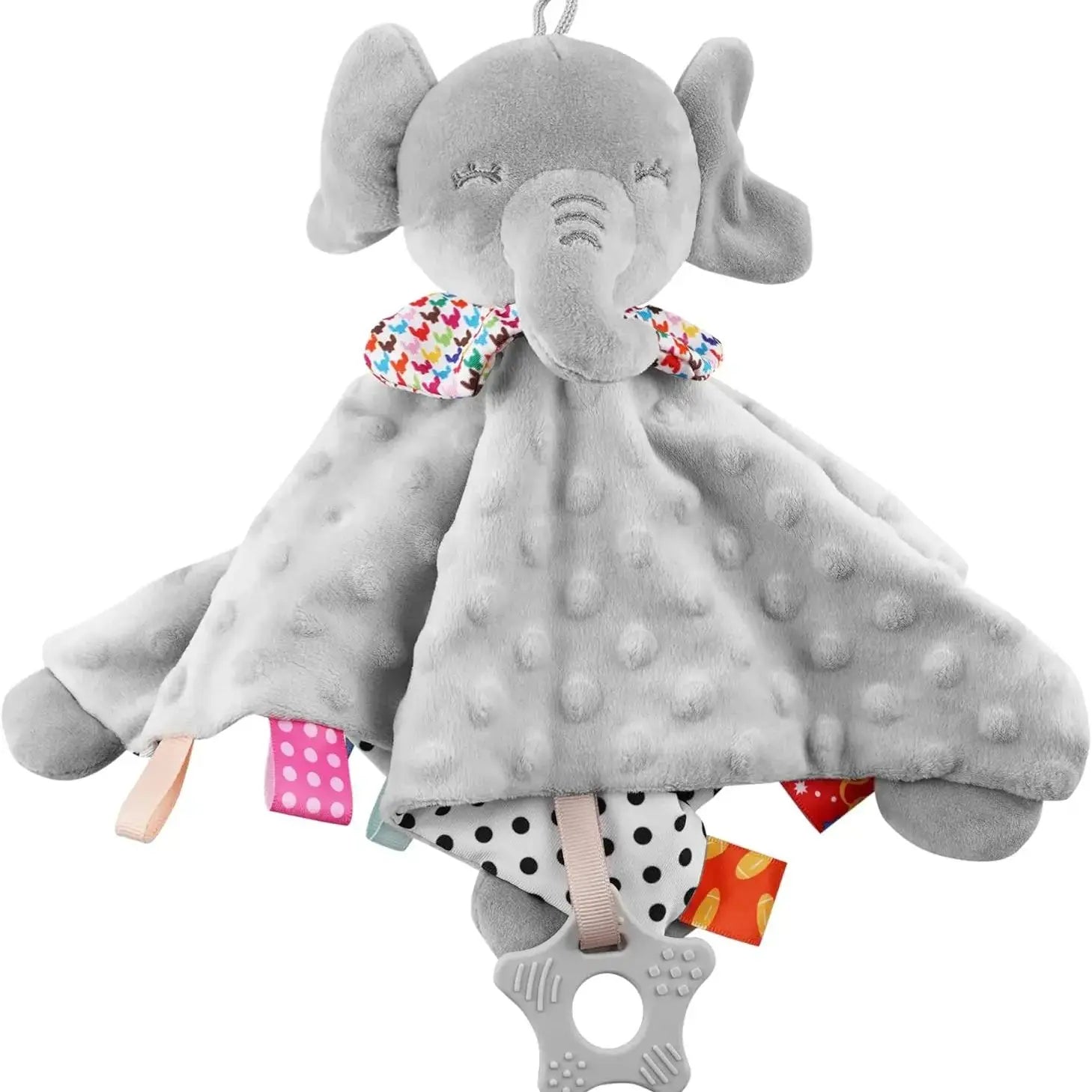 Mantita de apego de elefante gris con tela de puntitos y mordedor de silicona