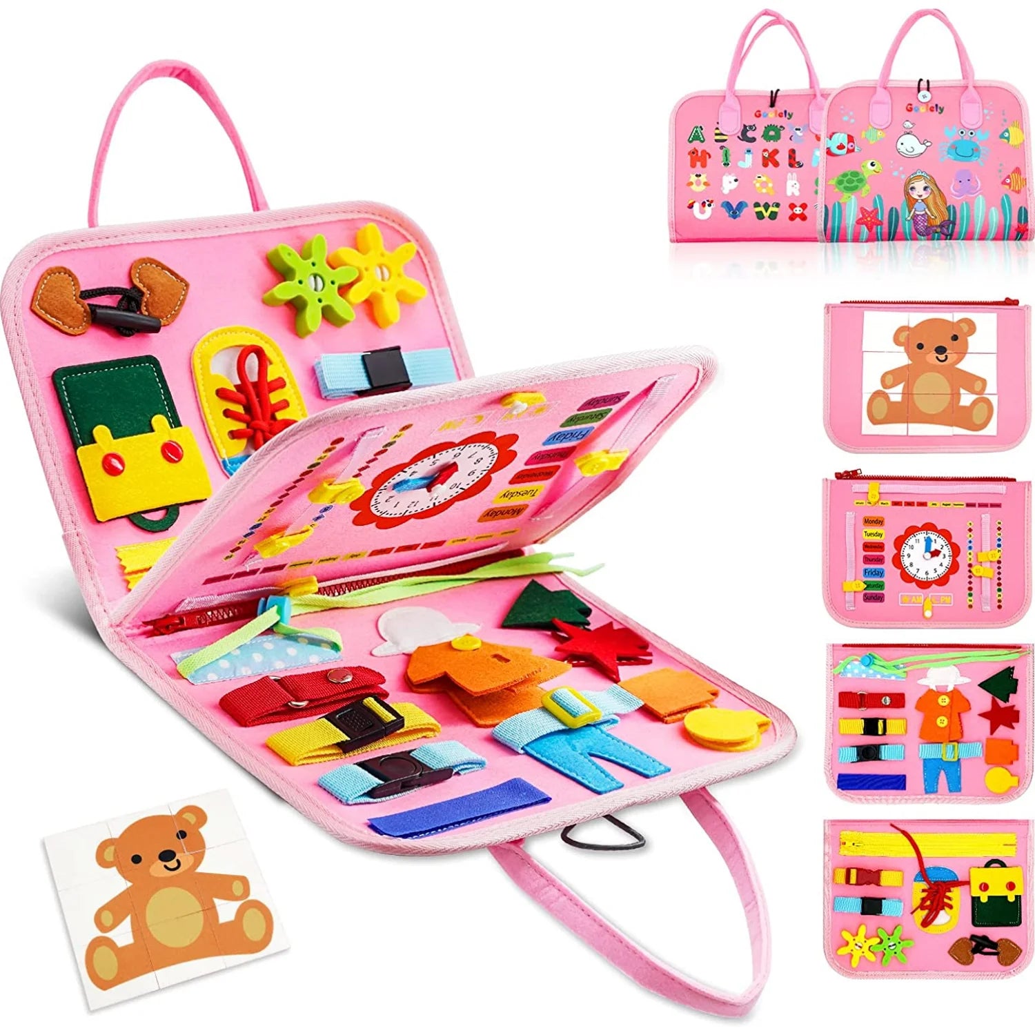 Tablero de actividades rosa abierto con reloj, cierres, hebillas y stickers