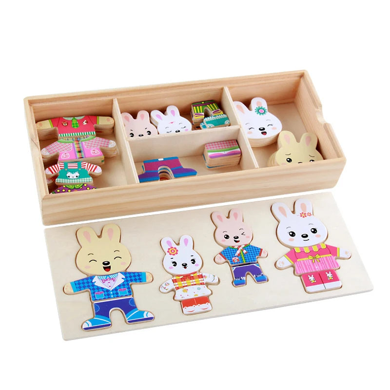 Set de conejitos de madera para vestir con su caja y piezas de ropa de repuesto
