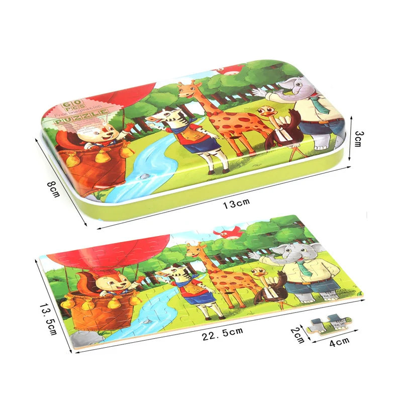 Caja de lata con el rompecabezas armado y sus medidas: 13 × 8 cm