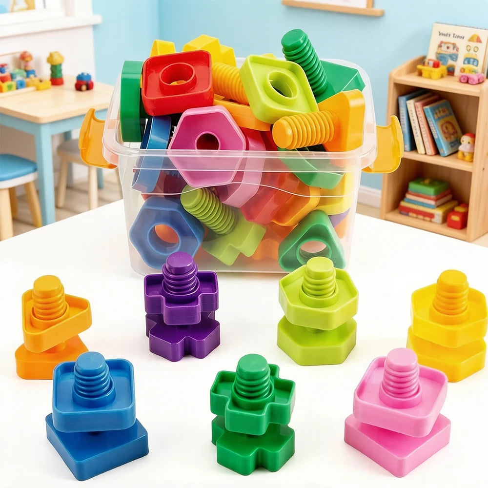 Tuercas y tornillos armados en distintos colores sobre la mesa