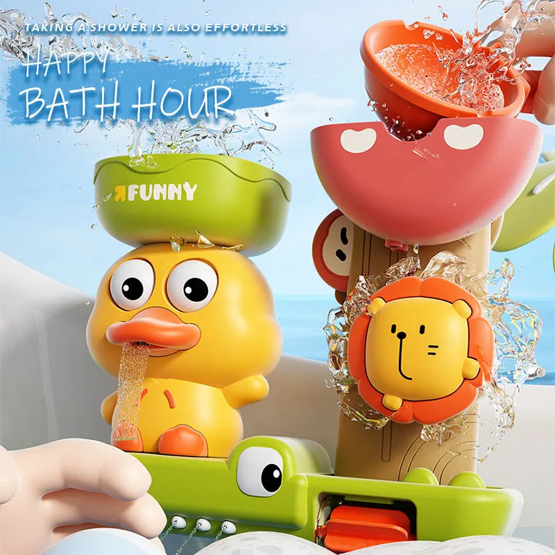 Cascada de baño con patito y leoncito mientras cae el agua por los vasos