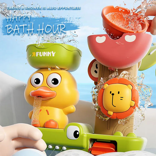 Cascada de baño con patito y leoncito mientras cae el agua por los vasos