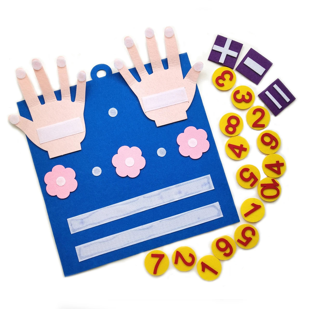 Tablero de fieltro con todas sus piezas de números y signos sueltas
