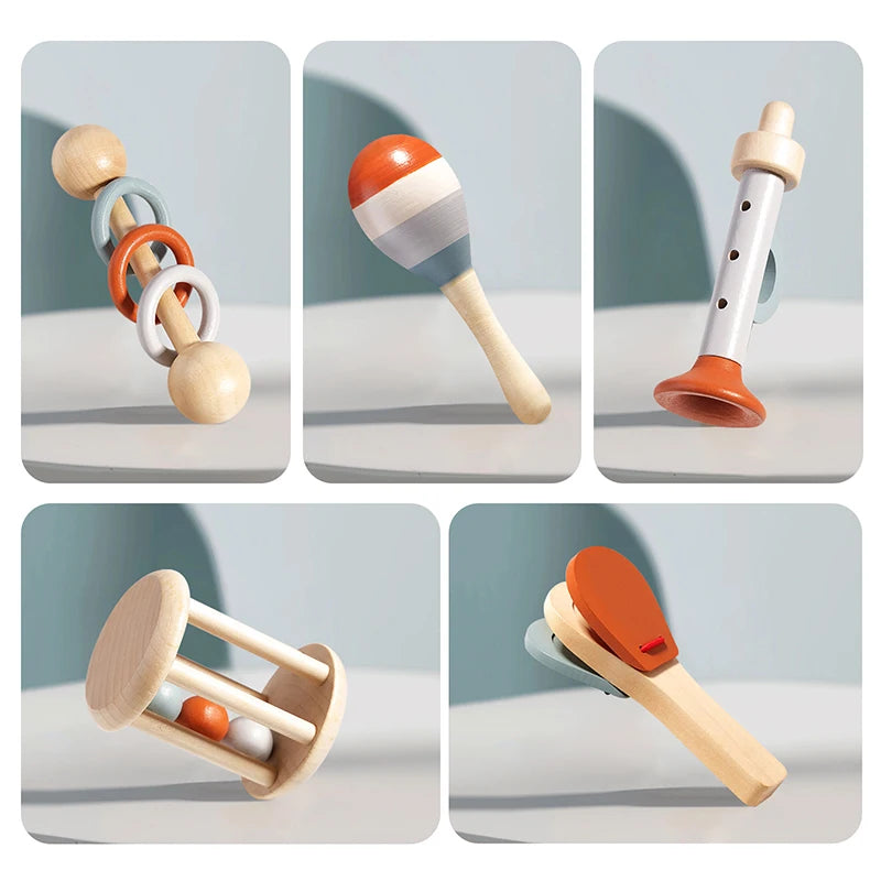Cada instrumento del set por separado: sonajero, maraca, flauta, rodillo y castañuela