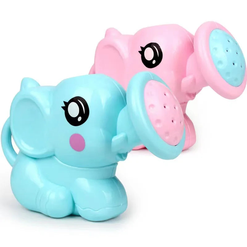 Regaderas de elefante azul y rosa, una detrás de la otra