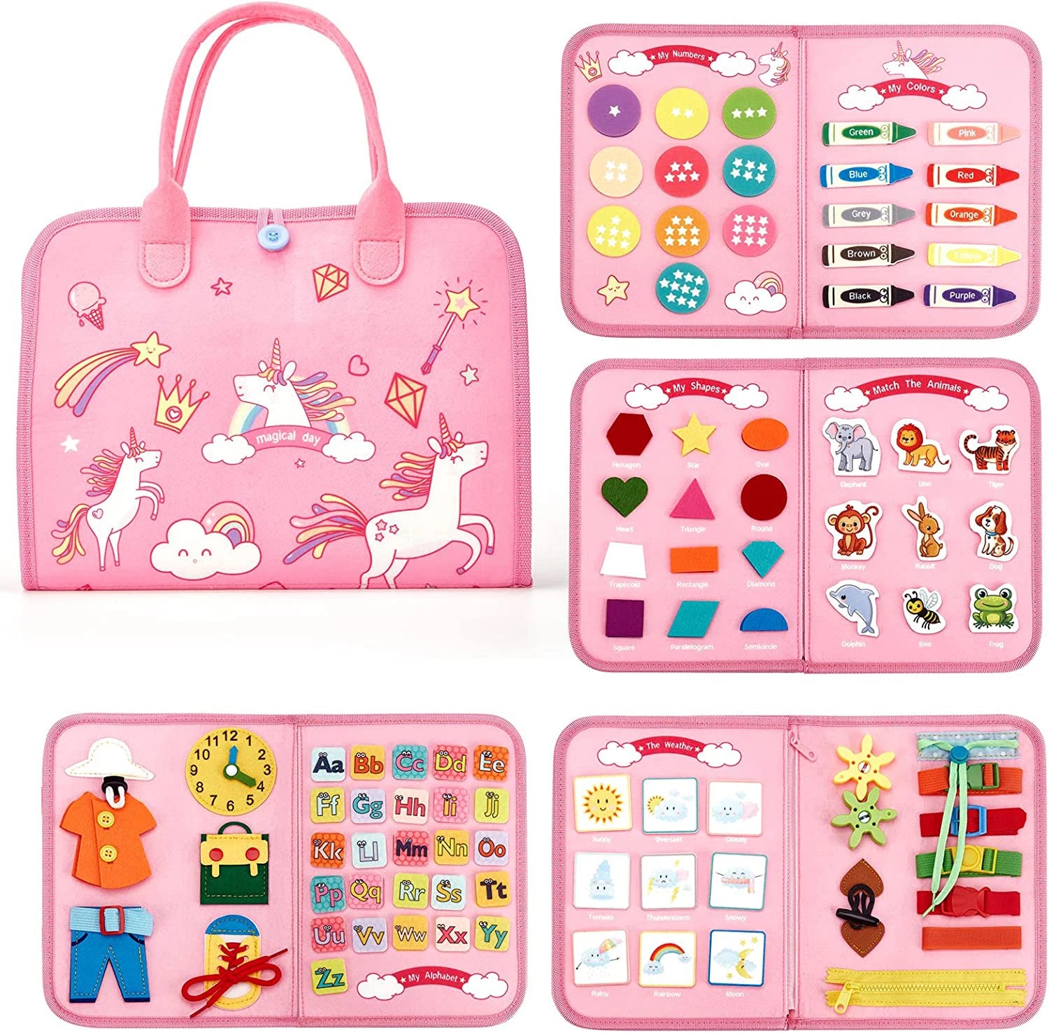 Tablero de actividades rosa con unicornios y sus páginas de letras y formas