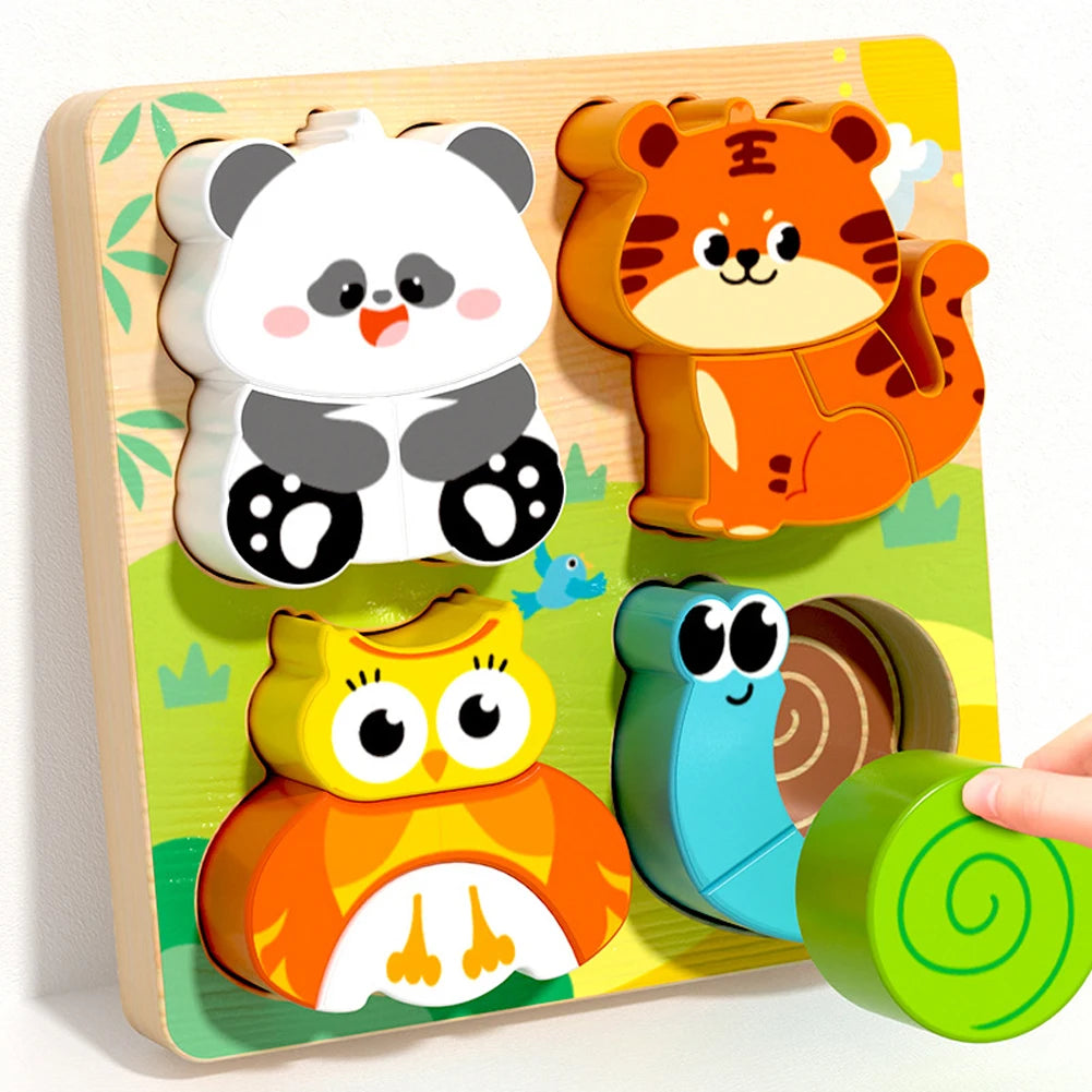 Tablero de rompecabezas con panda, tigre, búho y caracol