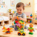 Niño jugando con las tuercas y tornillos de colores junto a su caja