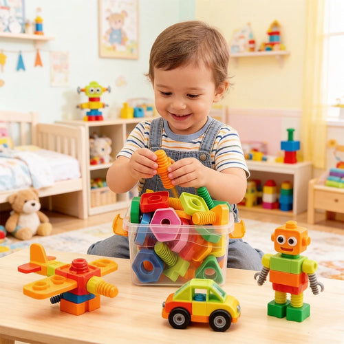 Niño jugando con las tuercas y tornillos de colores junto a su caja