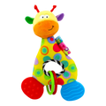 Jirafa de peluche amarilla con mordedores de colores y aros para agarrar