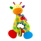 Jirafa de peluche amarilla con mordedores de colores y aros para agarrar