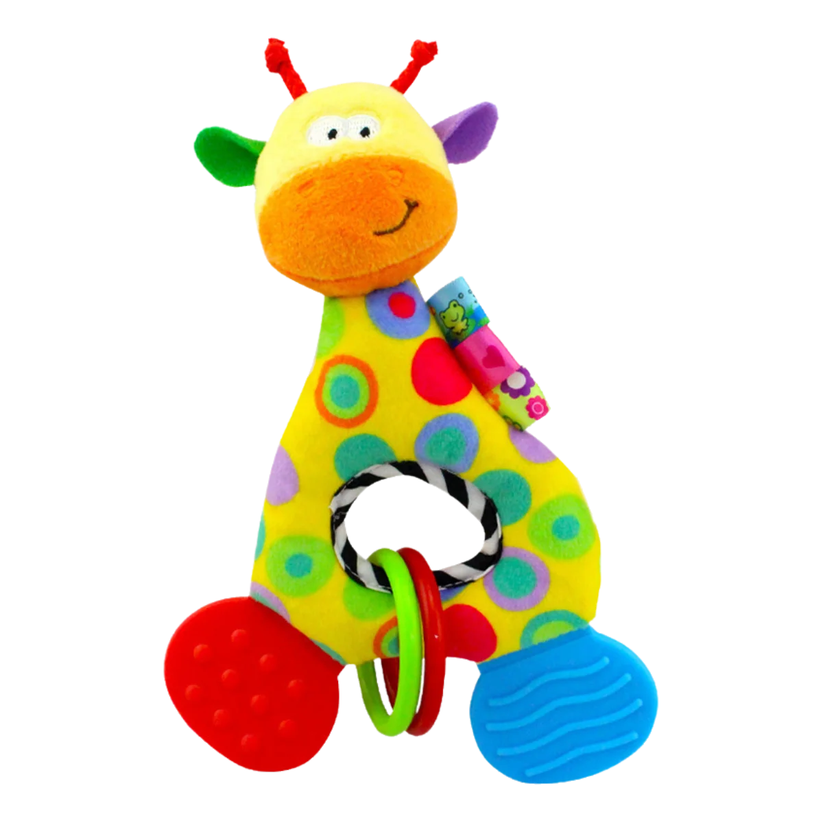 Jirafa de peluche amarilla con mordedores de colores y aros para agarrar
