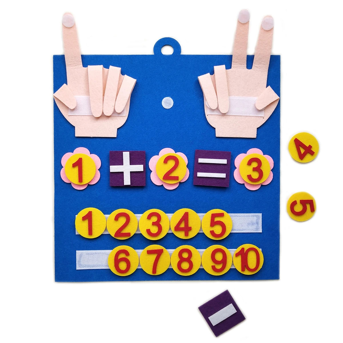 Tablero de fieltro mostrando la operación 1 + 2 = 3 con los dedos doblados