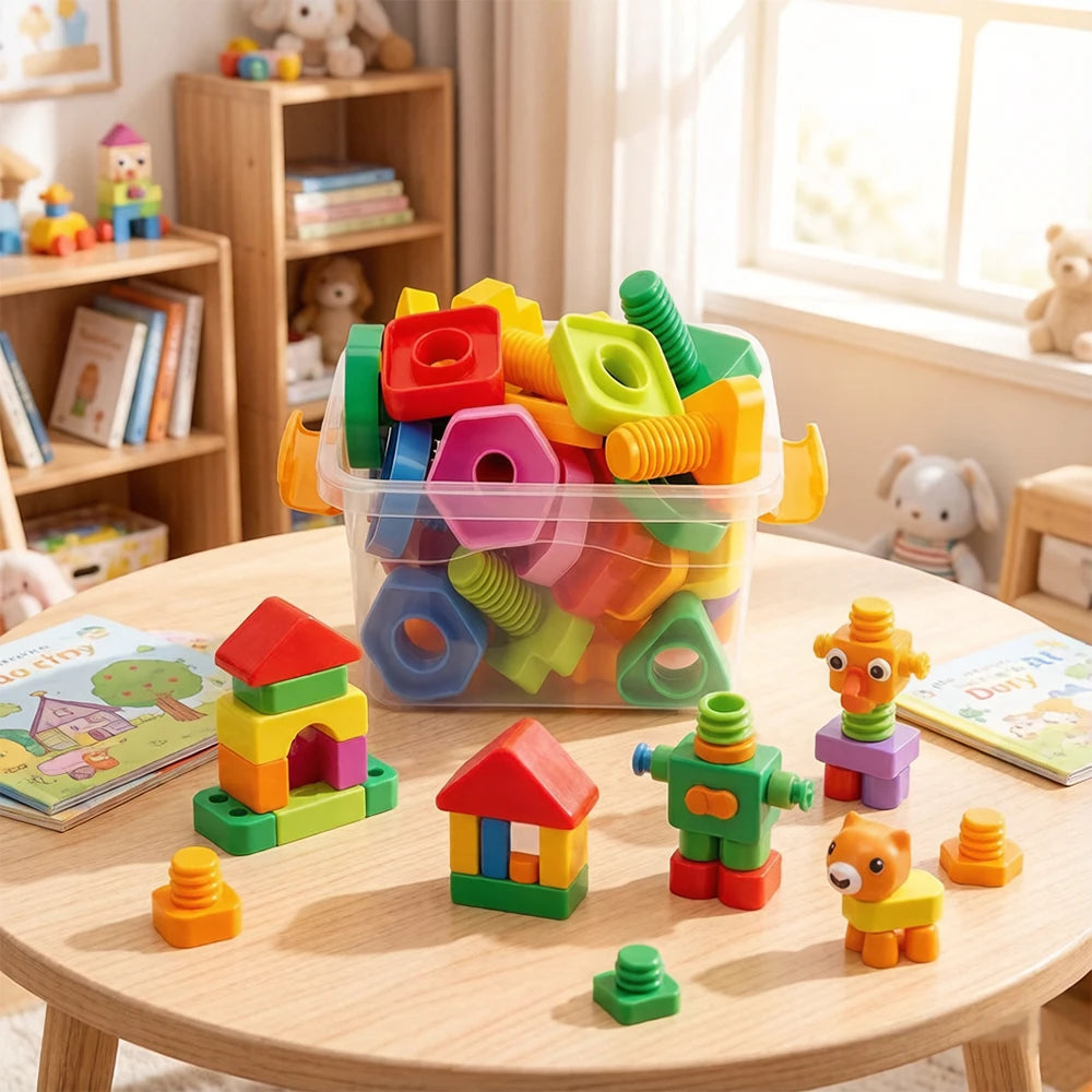 Figuras armadas con las tuercas y tornillos: casita, robot y perrito