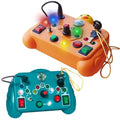 Tableros de interruptores con luces LED encendidas, uno naranja con patito y otro verde azulado