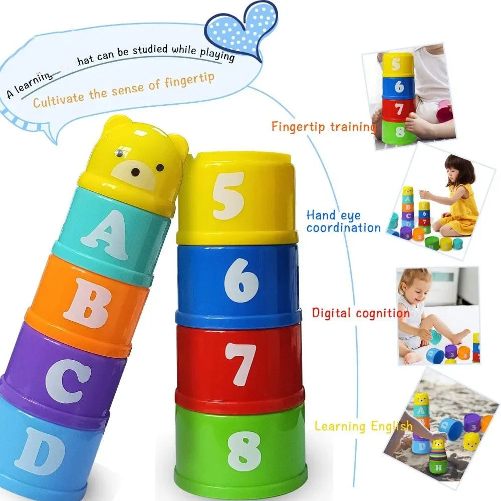 Torres de vasos apilables con letras y números y sus usos de aprendizaje