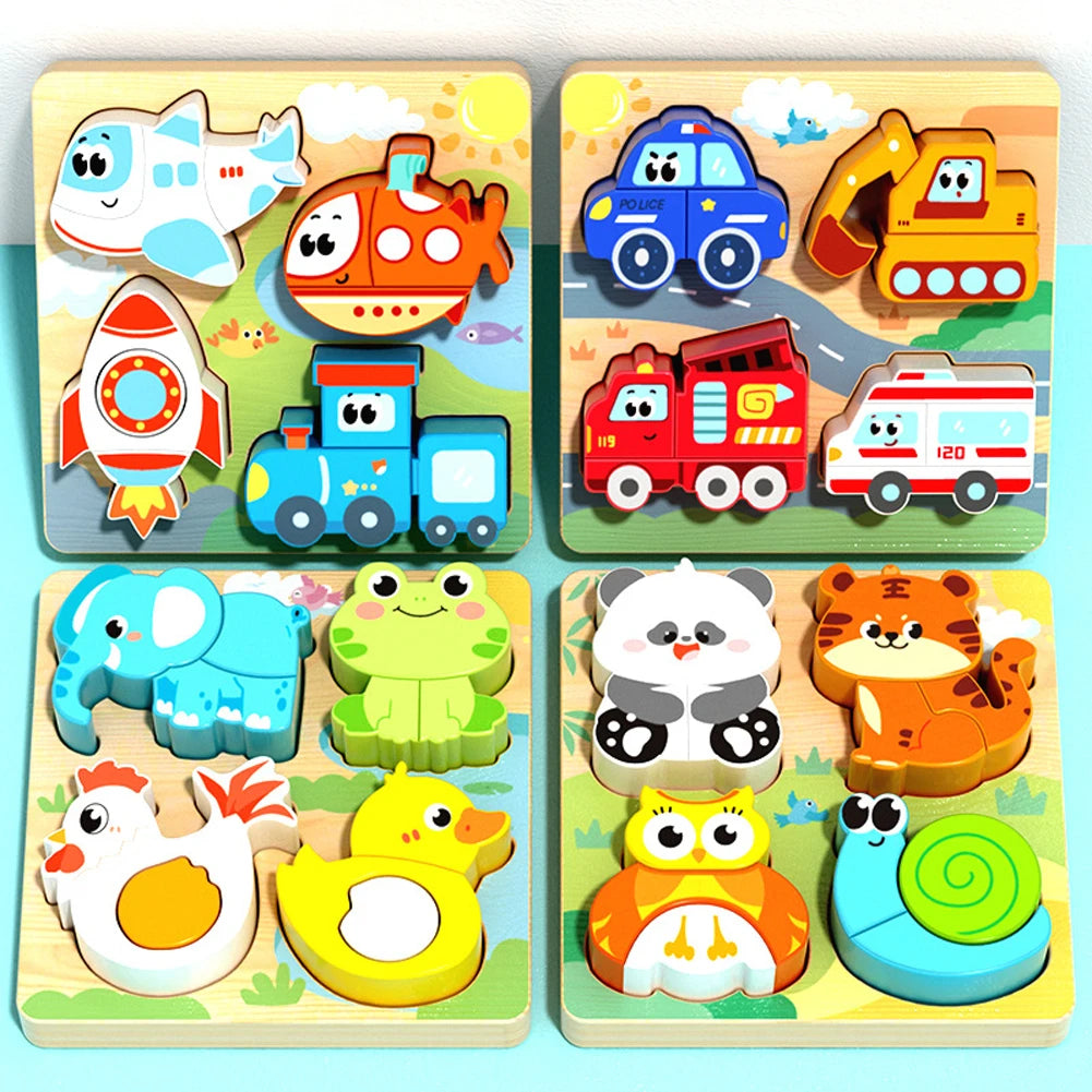 Cuatro tableros de rompecabezas: transporte, vehículos de rescate, animales y granja