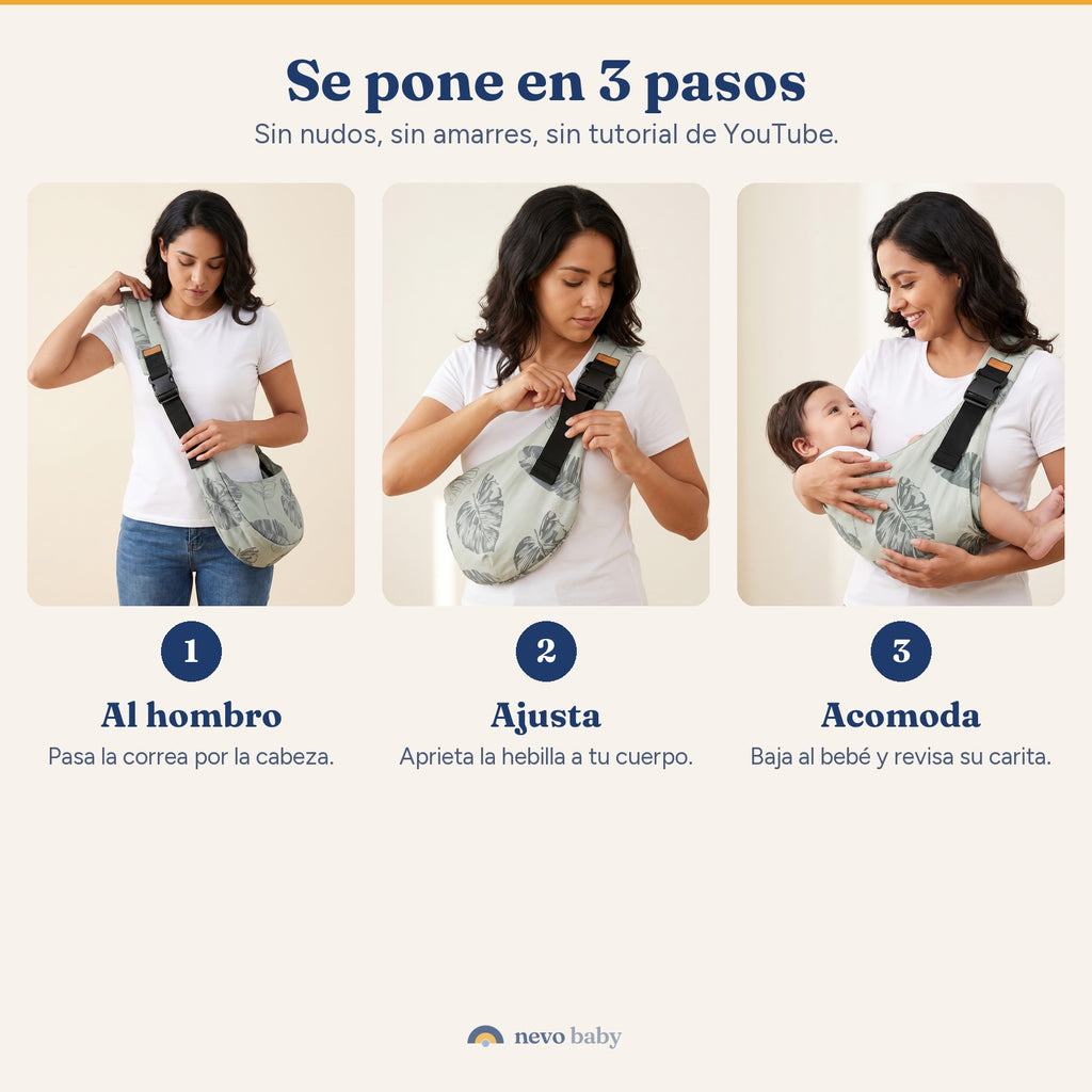 Los tres pasos para ponerse el Nevo Cangurito: al hombro, ajustar y acomodar al bebe