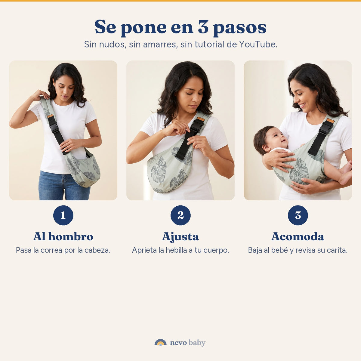 Los tres pasos para ponerse el Nevo Cangurito: al hombro, ajustar y acomodar al bebe