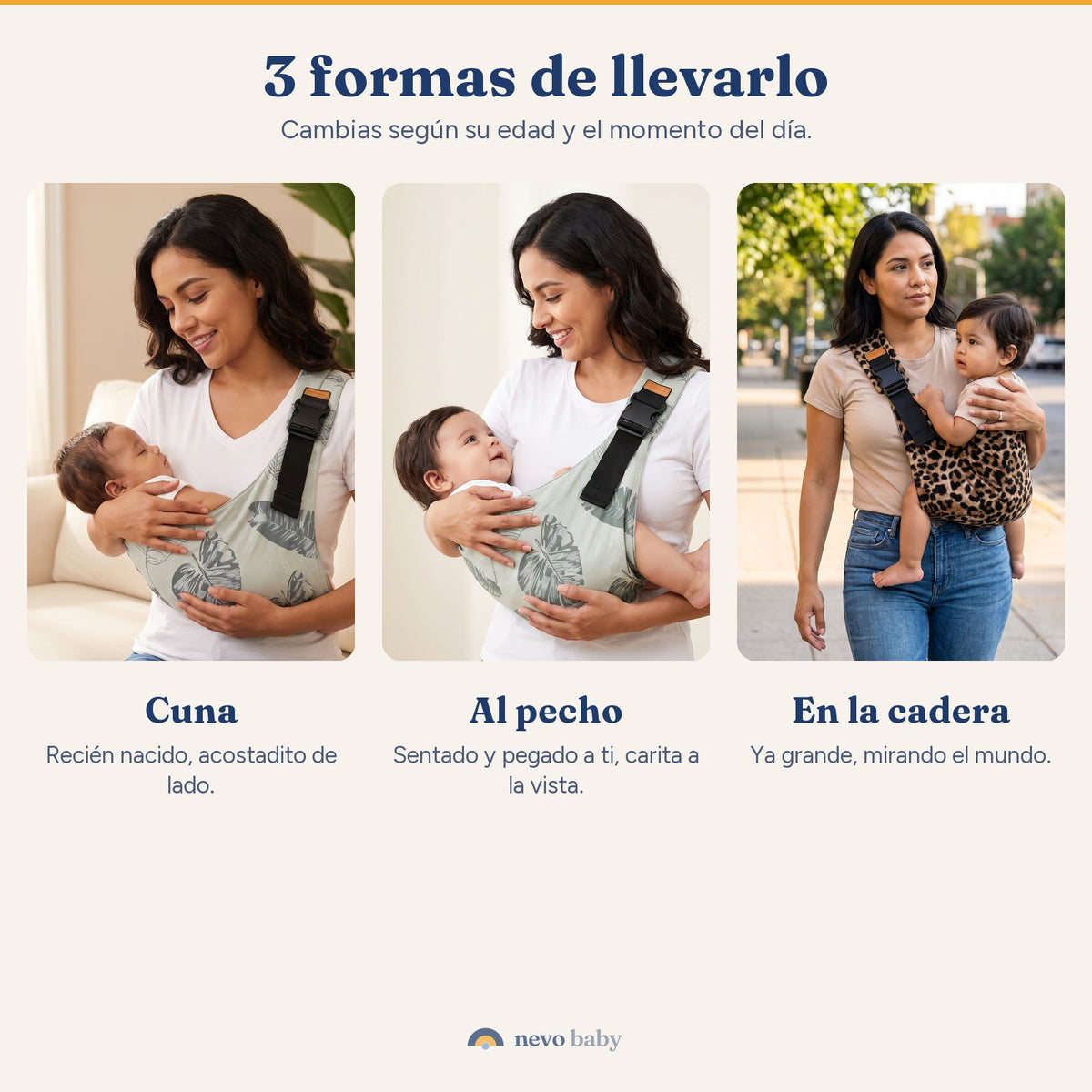 Tres formas de llevar al bebe en el Nevo Cangurito: cuna, al pecho y en la cadera