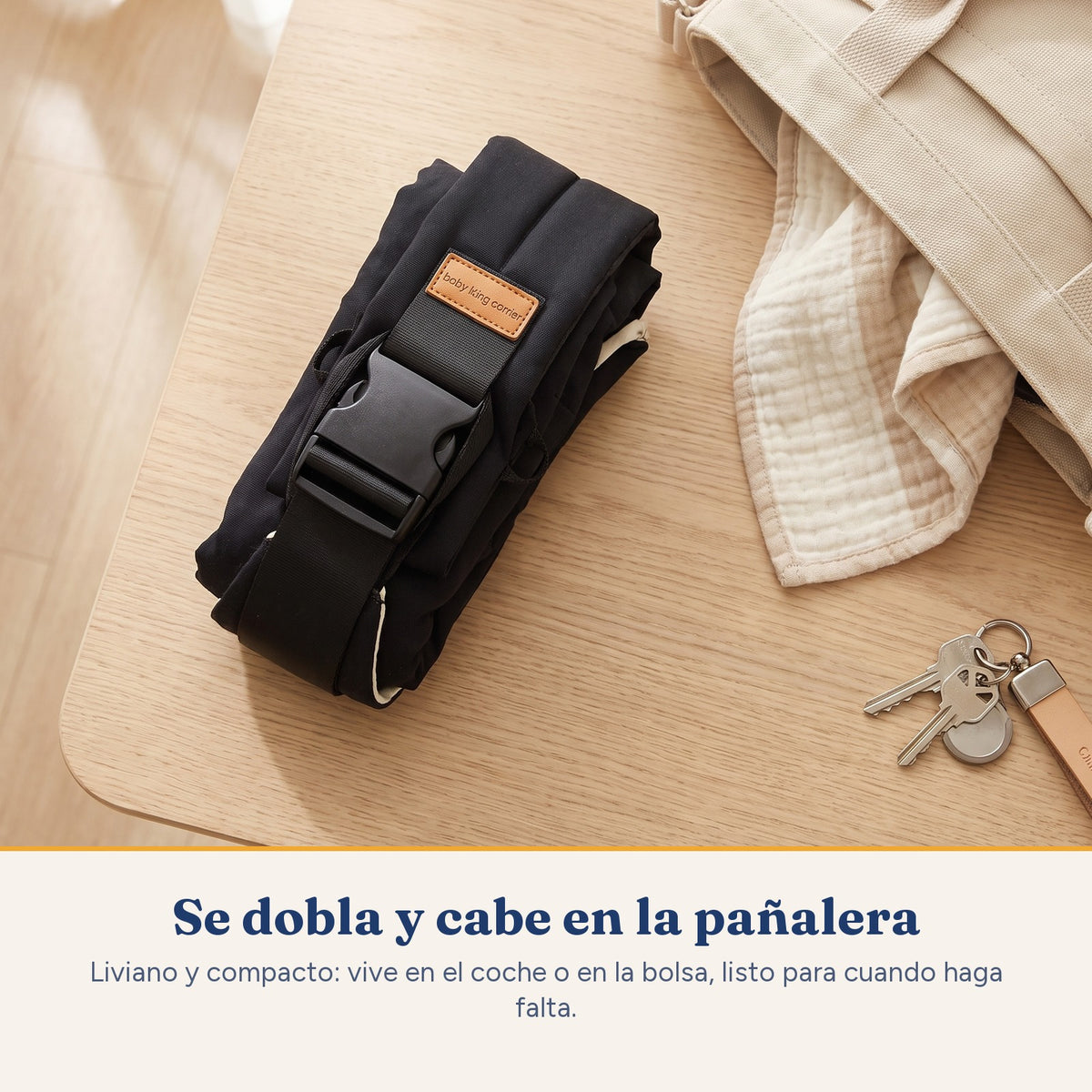 Nevo Cangurito doblado junto a una panalera, cabe en la bolsa