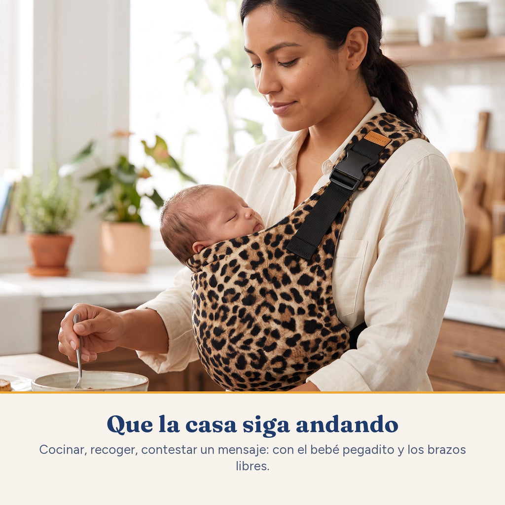 Mama cocinando con las manos libres y su bebe en el Nevo Cangurito